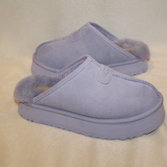 NIB UGG WOMEN'S DISCOQUETTE SUEDE SHEARLING LINED SLIP ON SLIPPERS LAVENDER FOG - Picture 2 of 8